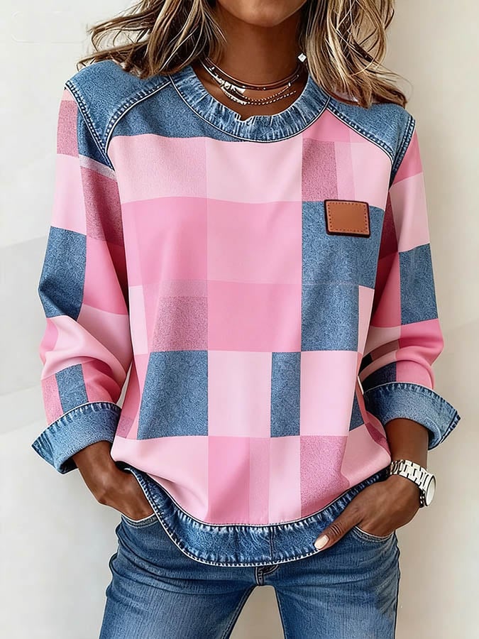 Damen Winter Patchwork Sweatshirt Rosa Denim Casual Pullover