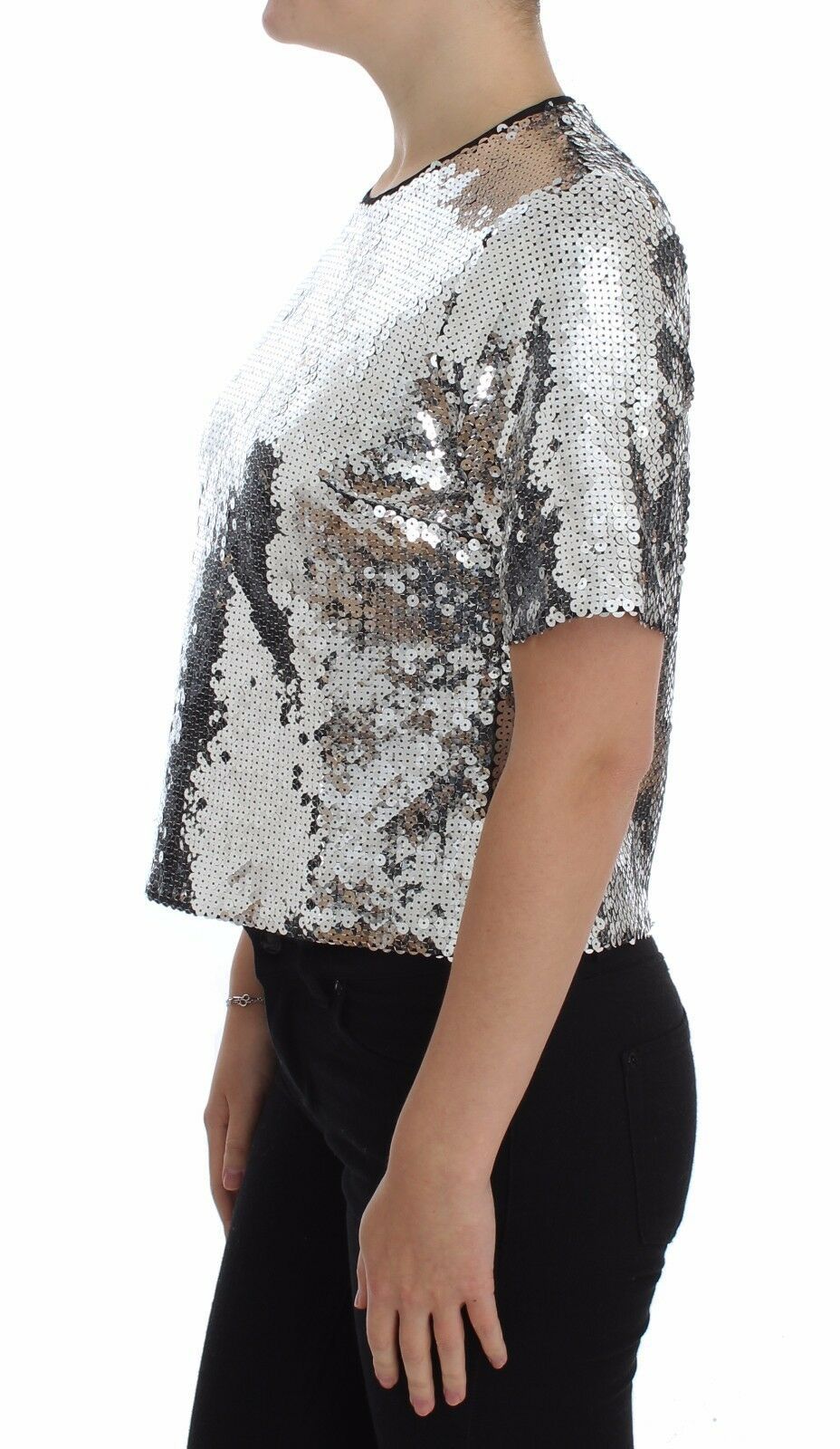 Dolce & Gabbana Silberne paillettenbesetzte Bluse mit Rundhalsausschnitt T-shirt Top