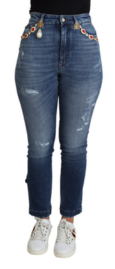 Dolce & Gabbana Blaue verschönerte Skinny Hose Baumwolljeans