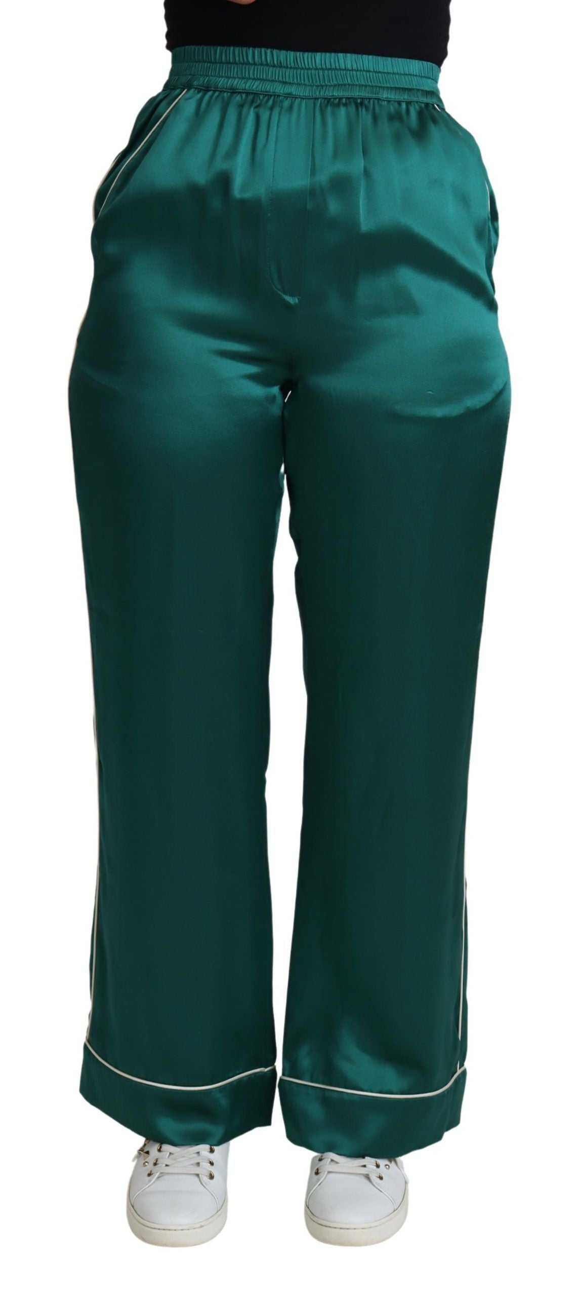 Dolce & Gabbana Grüne Pyjamahose mit hoher Taille Seidenhose
