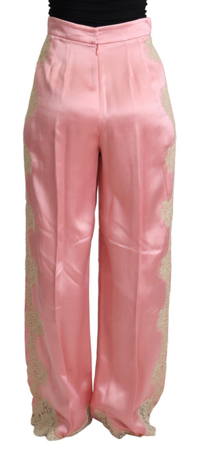 Dolce & Gabbana Rosa Hose mit Spitzenbesatz aus Seidensatin und weiten Beinen