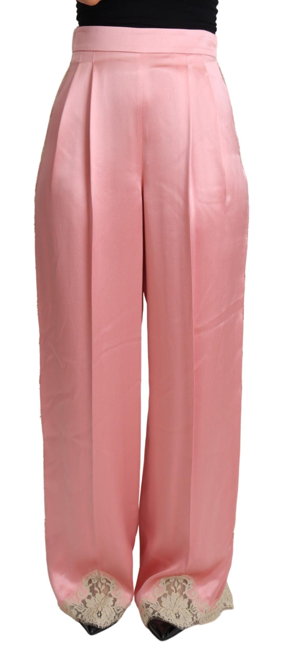Dolce & Gabbana Rosa Hose mit Spitzenbesatz aus Seidensatin und weiten Beinen