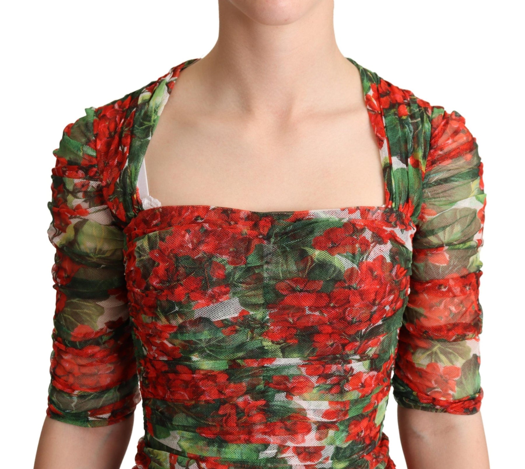 Dolce & Gabbana Rotes Tüll-Midikleid mit Blumendruck
