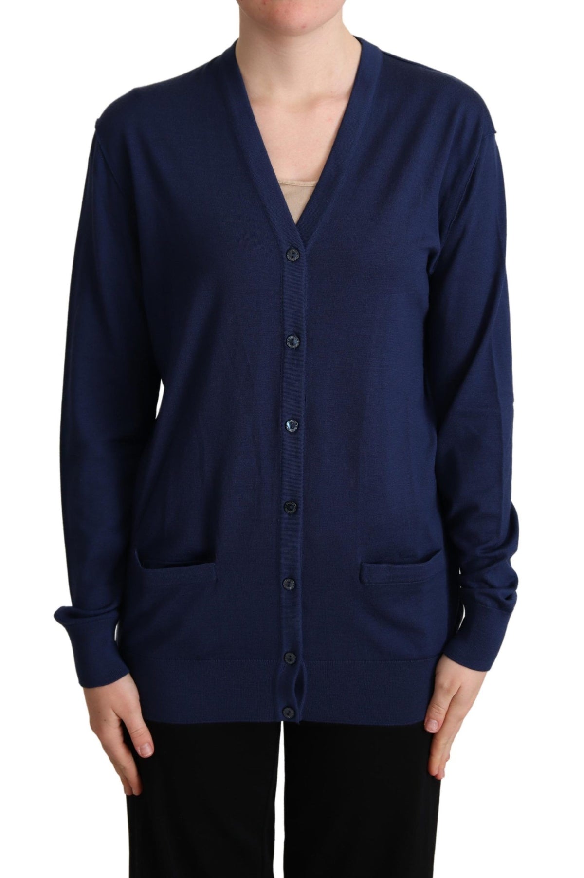 Dolce & Gabbana Blaue Strickjacke aus Schurwolle mit Knopfleiste