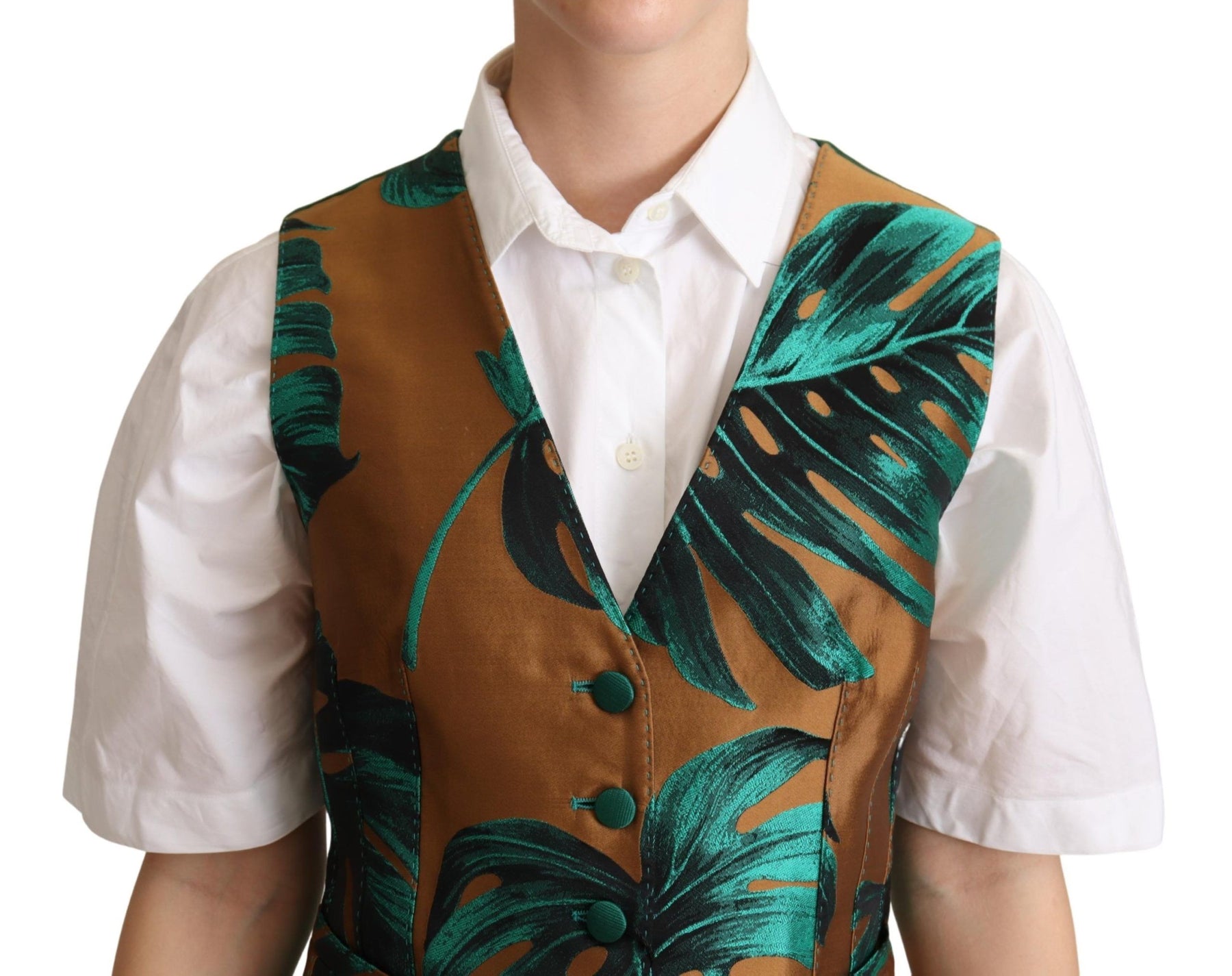Dolce & Gabbana Grüne Jacquard-Blatt-Goldweste Weste
