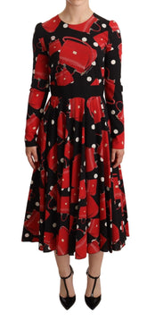 Dolce & Gabbana Schwarzes Sicily Bag Print ausgestelltes Midikleid