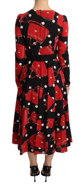 Dolce & Gabbana Schwarzes Sicily Bag Print ausgestelltes Midikleid