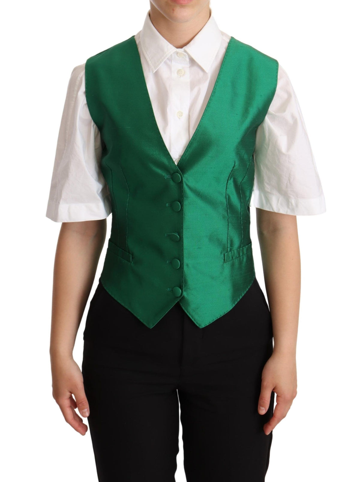 Dolce & Gabbana Grüner Seidensatin ärmellose Weste Weste