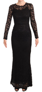 Dolce & Gabbana Schwarzes Baumwollspitzenkleid mit langen Ärmeln und Meerjungfrau