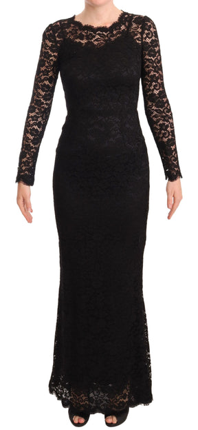Dolce & Gabbana Schwarzes Baumwollspitzenkleid mit langen Ärmeln und Meerjungfrau