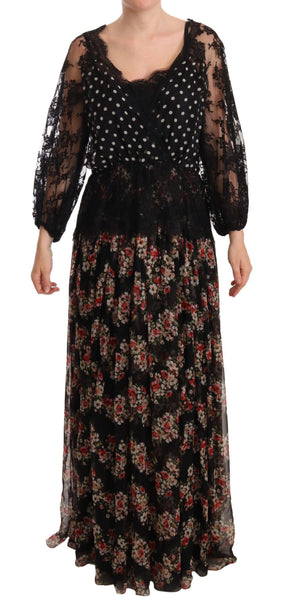 Dolce & Gabbana Schwarzes Maxi-Capri-Kleid mit geblümter Spitze