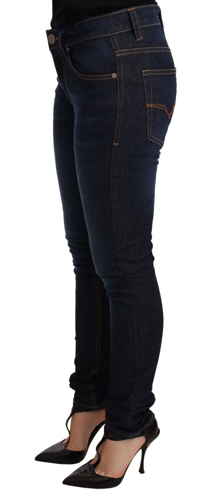Versace Jeans Dunkelblaue Skinny Denim-Jeans aus Baumwolle mit niedriger Taille