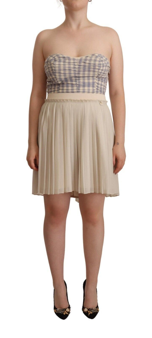 Guess Beige kariertes plissiertes trägerloses A-Linien-Kleid mit Bustier