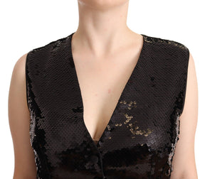 Dolce & Gabbana Schwarzes Pailletten V-Ausschnitt ärmelloses Weste Tank Top