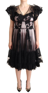 Dolce & Gabbana Schwarz-rosa geblümte Spitze A-Linie Midi Kleid durchsichtig