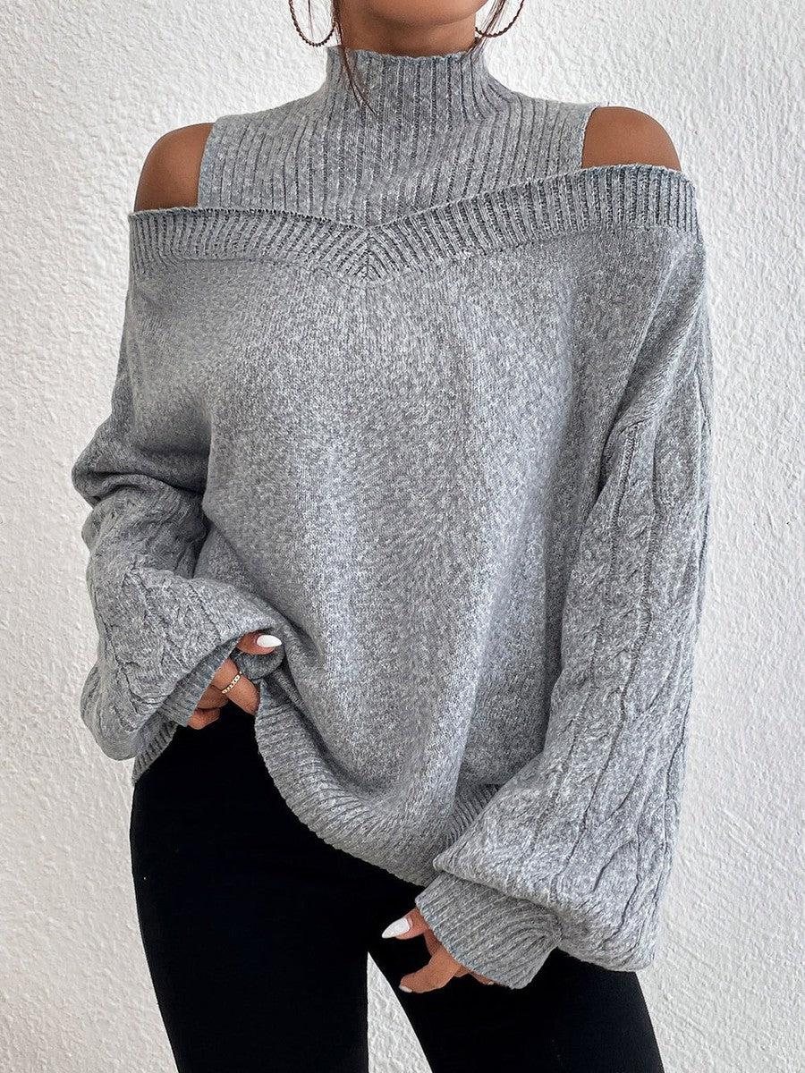Luxuriöser Herbst-Pullover: Cold Shoulder Mock Neck in Zopfmuster