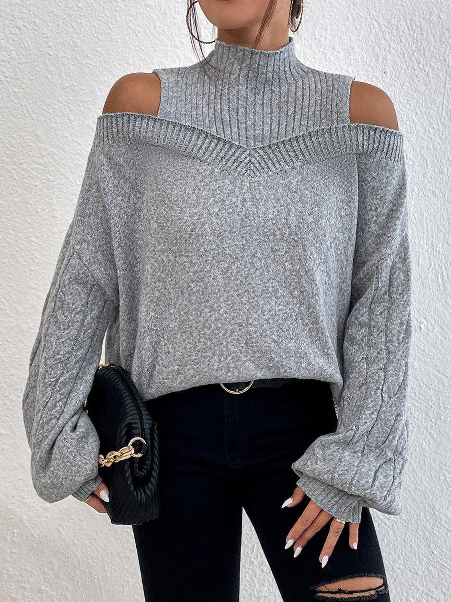 Luxuriöser Herbst-Pullover: Cold Shoulder Mock Neck in Zopfmuster
