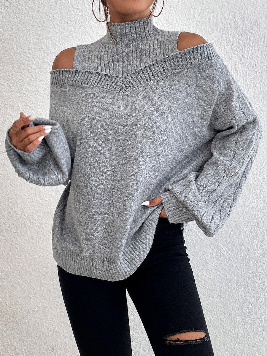 Luxuriöser Herbst-Pullover: Cold Shoulder Mock Neck in Zopfmuster
