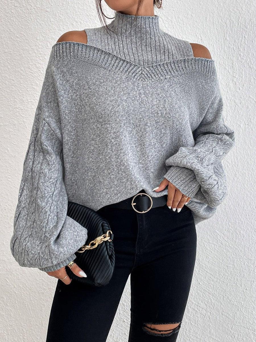 Luxuriöser Herbst-Pullover: Cold Shoulder Mock Neck in Zopfmuster