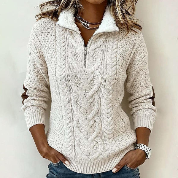 Winter-Eleganz: Kuscheliger Kunstfell-Kragen Half-Zip Zopfmuster Pullover