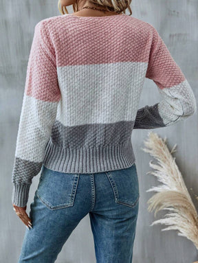 Herbstlicher Pink Color Block V-Neck Sweater - Wärme & Stil in einem