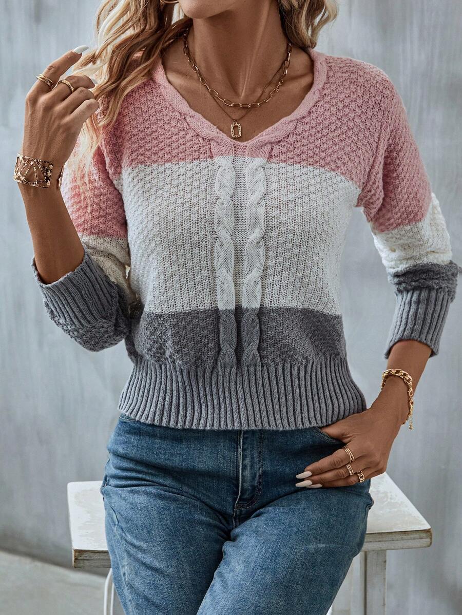 Herbstlicher Pink Color Block V-Neck Sweater - Wärme & Stil in einem