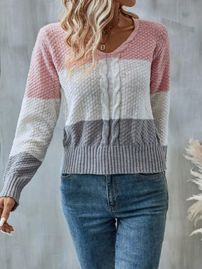 Herbstlicher Pink Color Block V-Neck Sweater - Wärme & Stil in einem