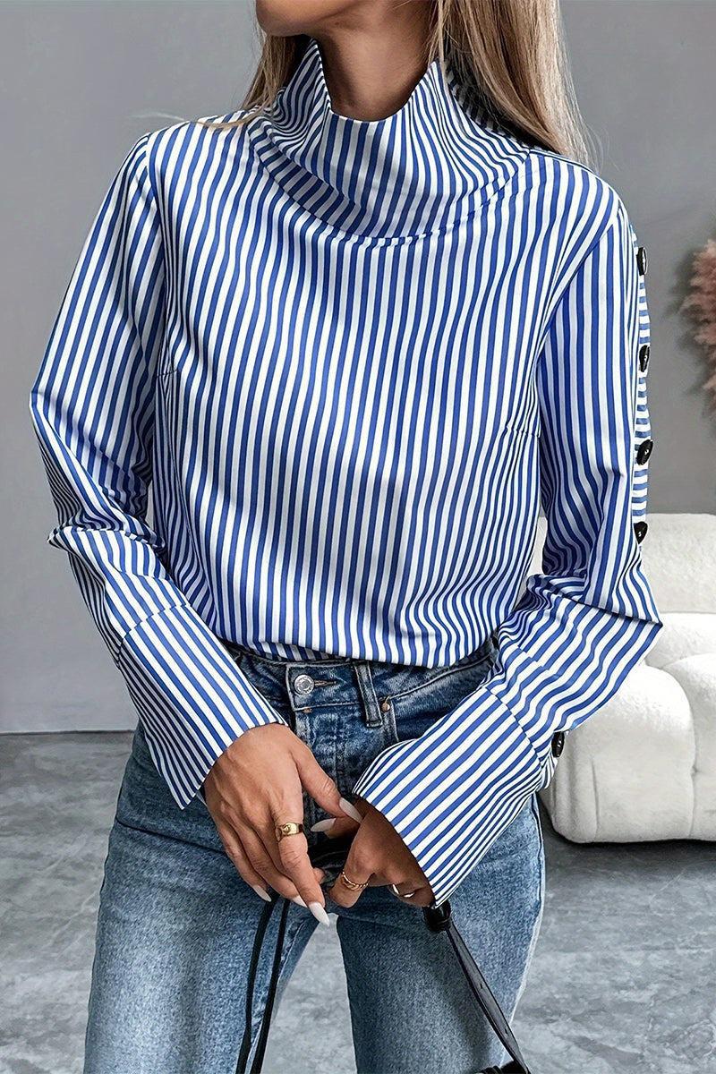 Winter High Neck Top blau gestreift – warm & elegant