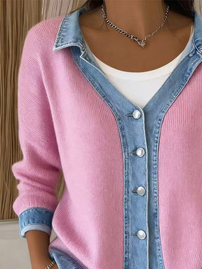 Winter Damen Strick Cardigan Rosa Denim Patchwork Warm