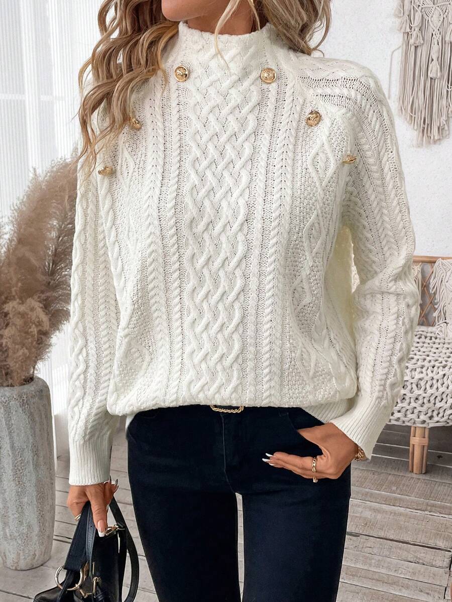 Eleganter White Plain Mock Neck Sweater - Perfekt für den Herbstsanfang