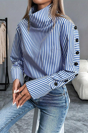 Winter High Neck Top blau gestreift – warm & elegant