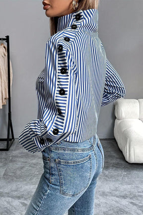 Winter High Neck Top blau gestreift – warm & elegant