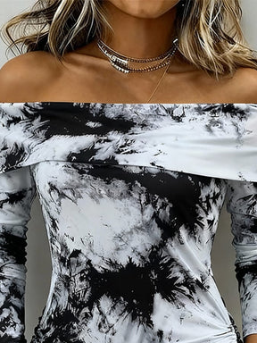 Off-Shoulder Winter Longsleeve Schwarz-Weiß Tie-Dye Shirt
