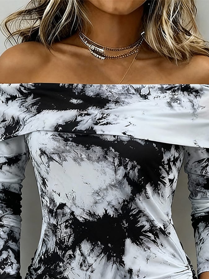 Off-Shoulder Winter Longsleeve Schwarz-Weiß Tie-Dye Shirt
