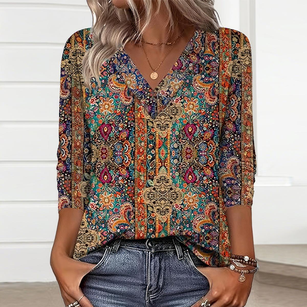 Boho Longsleeve V-Ausschnitt – warmes Winter Shirt bunt