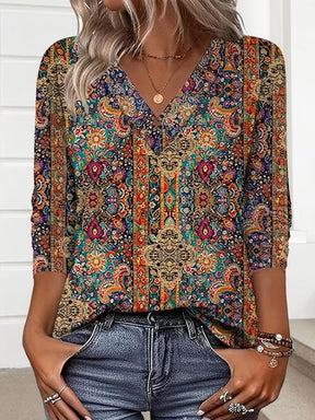 Boho Longsleeve V-Ausschnitt – warmes Winter Shirt bunt