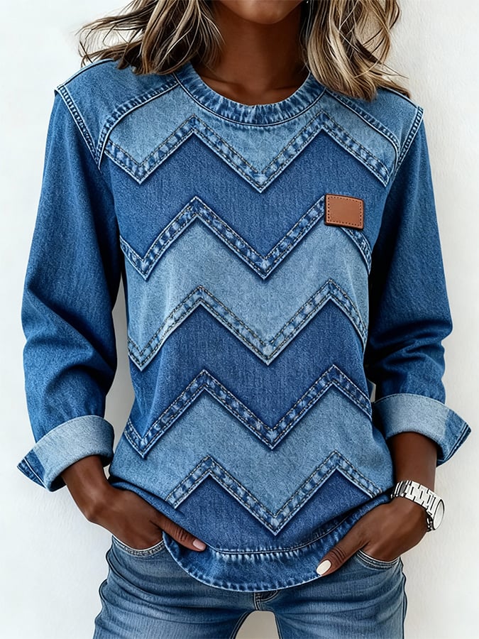 Winter Denim Sweatshirt Damen – Warmes Patchwork Pullover