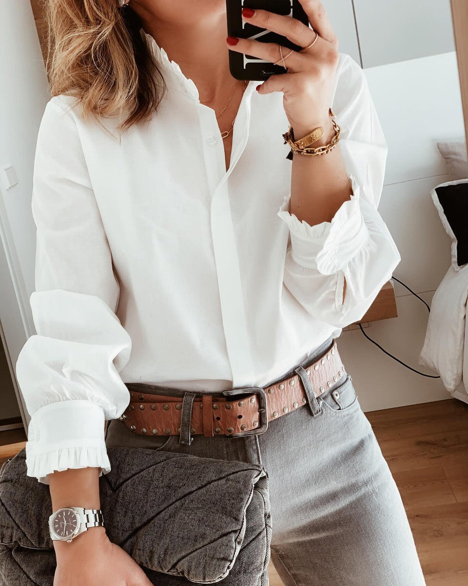 Winter Damen Bluse Weiß Langarm – Elegant & Warm V-Ausschnitt