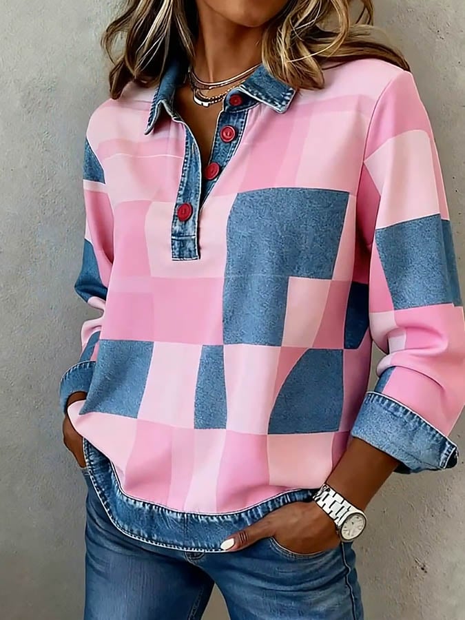 Damen Winter Karo Bluse rosa mit Jeanskragen – warm & casual