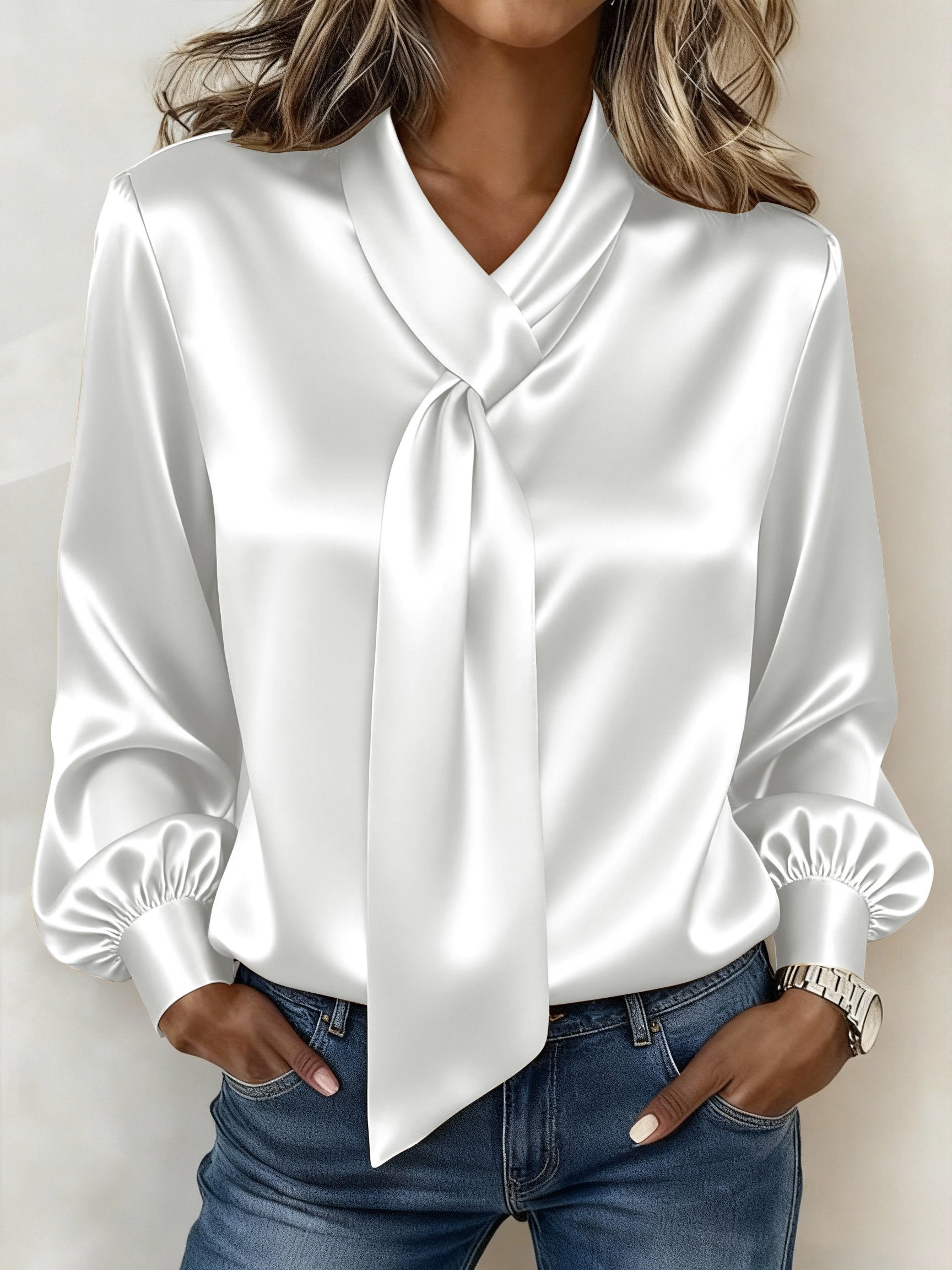 Winter Satin Blusenshirt Champagner mit Schleife Damen