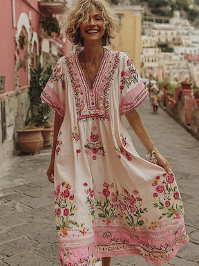 Herbstshaftes Midi-Kleid mit Kurzarm in Rosa - Perfekt für warme Tage