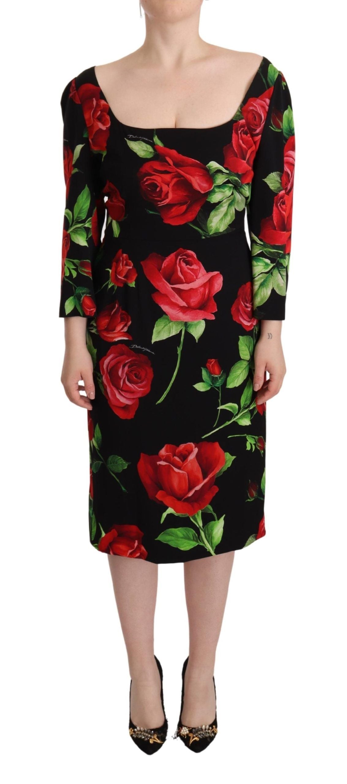 Dolce & Gabbana Schwarz-Rot-Rosen Etuikleid aus Stretch-Seide