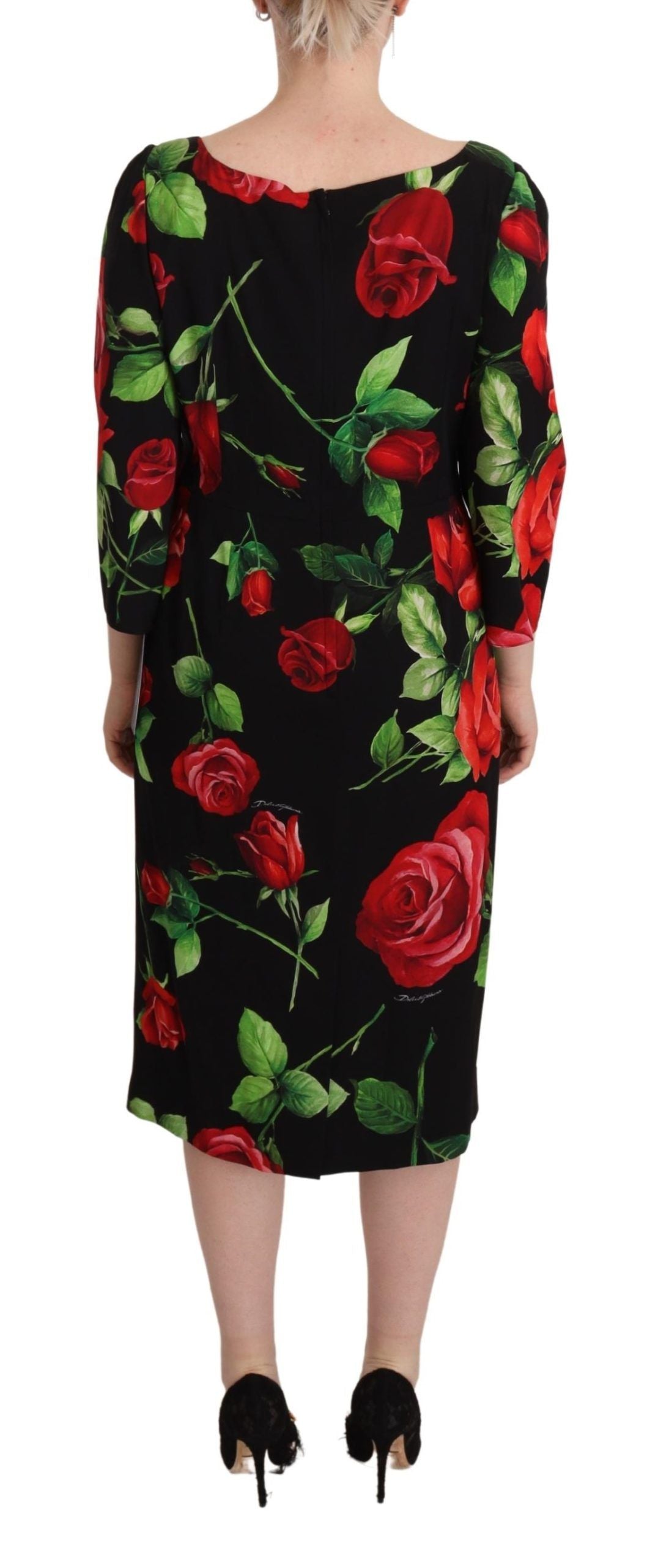 Dolce & Gabbana Schwarz-Rot-Rosen Etuikleid aus Stretch-Seide