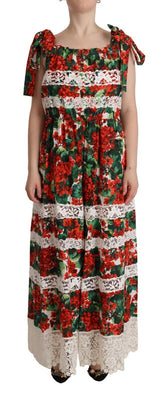 Dolce & Gabbana Langes Maxikleid mit mehrfarbigem Geranienprint und Spitze