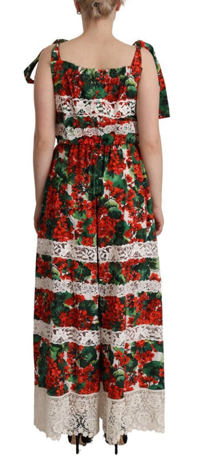 Dolce & Gabbana Langes Maxikleid mit mehrfarbigem Geranienprint und Spitze