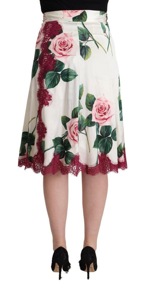 Dolce & Gabbana Weißer Rosenprint Midi-Rock mit hoher Taille und A-Linie