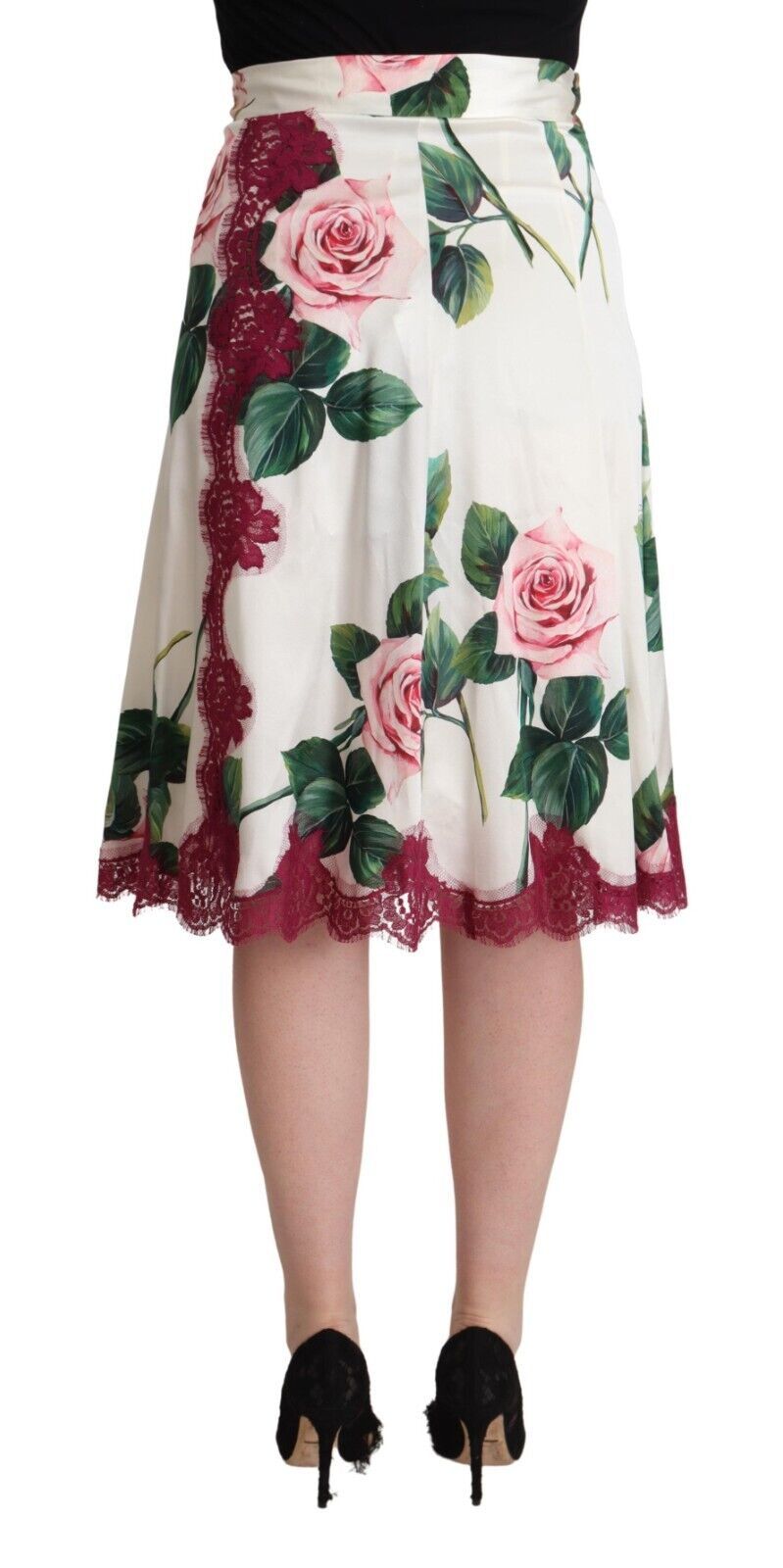 Dolce & Gabbana Weißer Rosenprint Midi-Rock mit hoher Taille und A-Linie