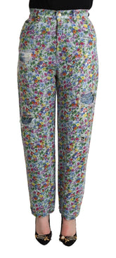Dolce & Gabbana Blaue Denim-Jeans mit Blumenmuster und hoher Taille