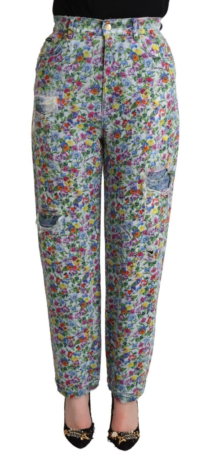 Dolce & Gabbana Blaue Denim-Jeans mit Blumenmuster und hoher Taille