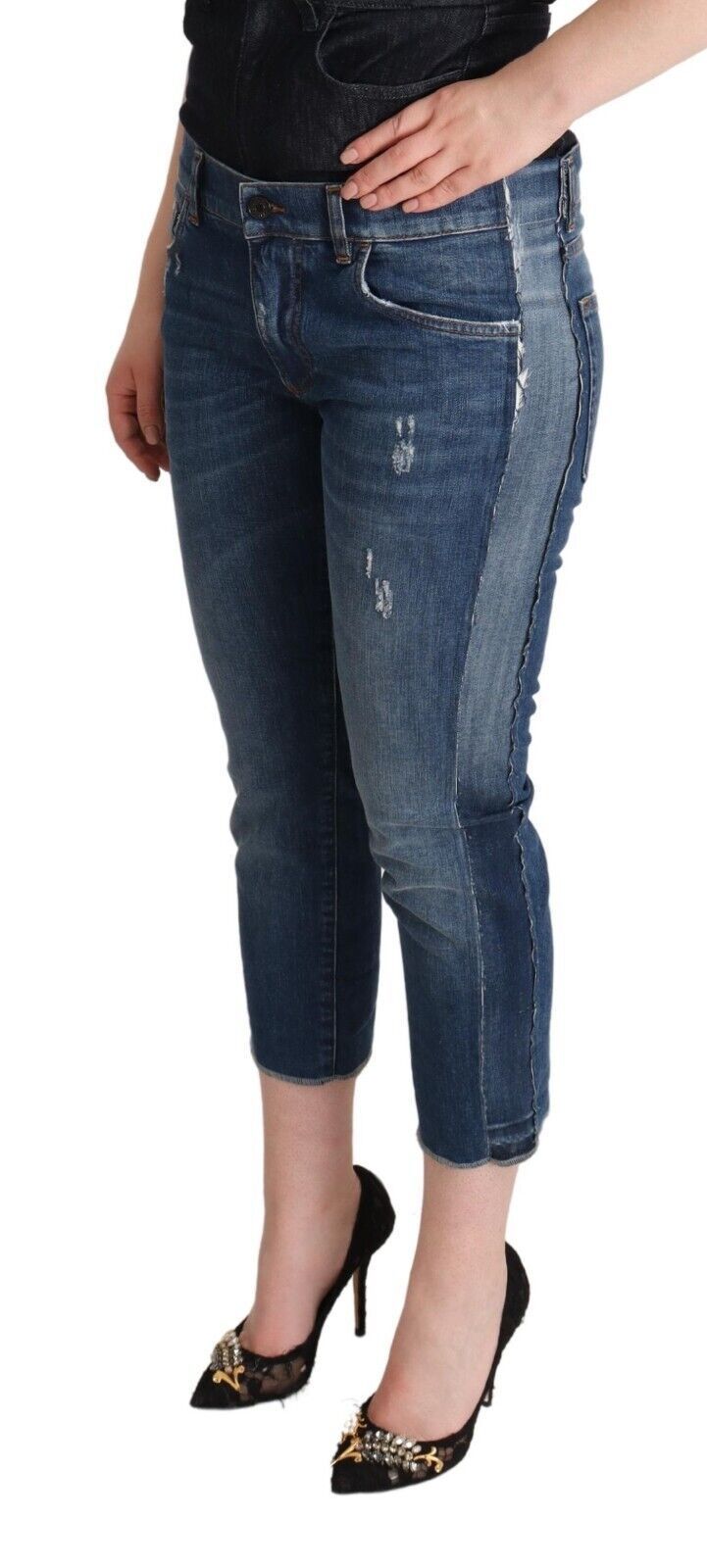 Dolce & Gabbana Blau gewaschene Denim Logo Cropped Jeans mit mittlerer Taille